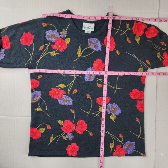 Patchington Floral Sweater Black Soft Acrylic Knit Pullover Top Crew Neck Size M - Picture 7 of 13